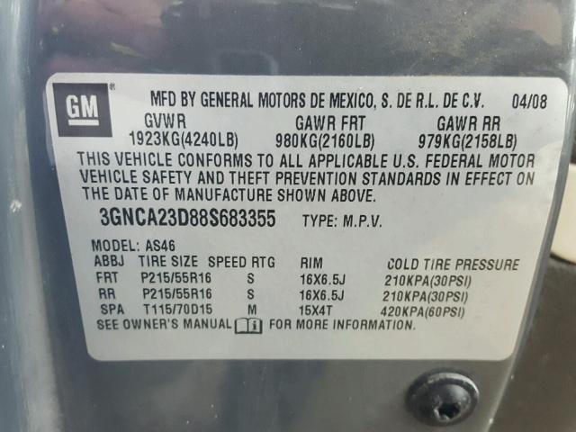 3GNCA23D88S683355 - 2008 CHEVROLET HHR LT GRAY photo 10