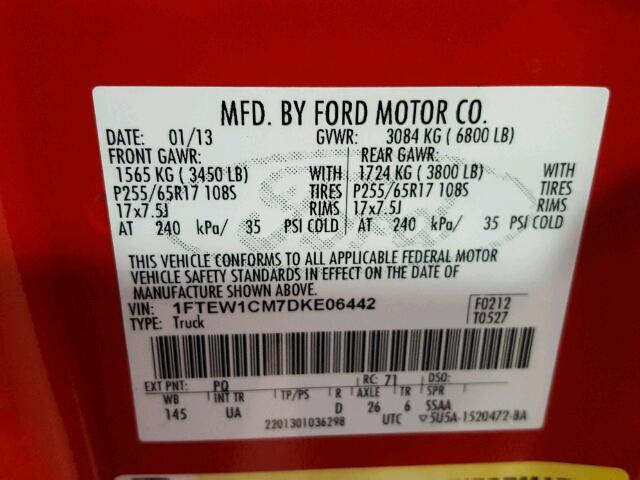 1FTEW1CM7DKE06442 - 2013 FORD F150 SUPER RED photo 10