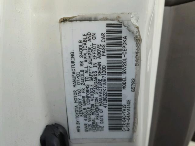 4T1BG22K71U871000 - 2001 TOYOTA CAMRY CE WHITE photo 10