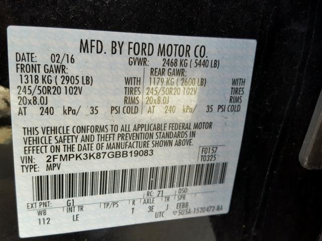 2FMPK3K87GBB19083 - 2016 FORD EDGE TITAN BLACK photo 10