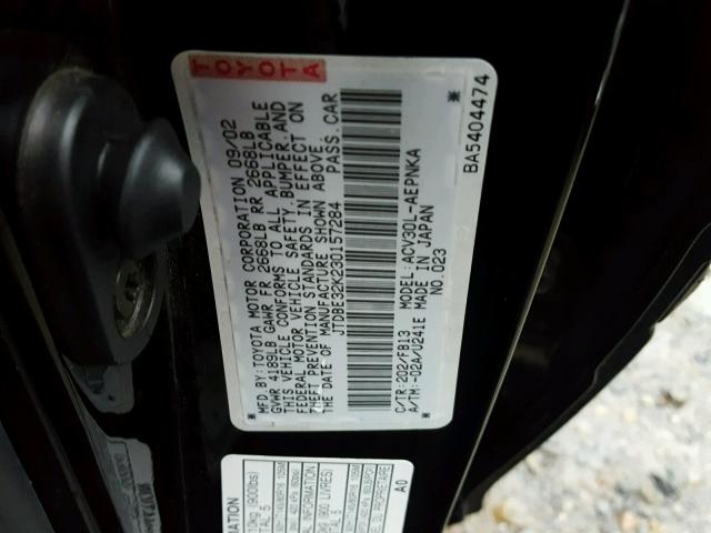 JTDBE32K230157284 - 2003 TOYOTA CAMRY LE შავი ფოტო 10