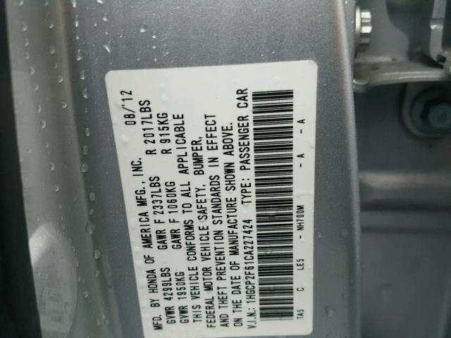 1HGCP2F61CA227424 - 2012 HONDA ACCORD SE SILVER photo 10