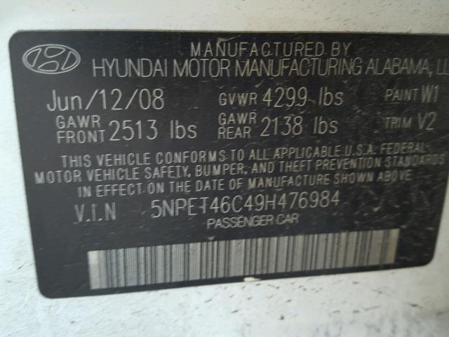 5NPET46C49H476984 - 2009 HYUNDAI SONATA GLS WHITE photo 10