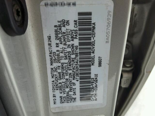 4T1BE32K54U788746 - 2004 TOYOTA CAMRY LE SILVER photo 10