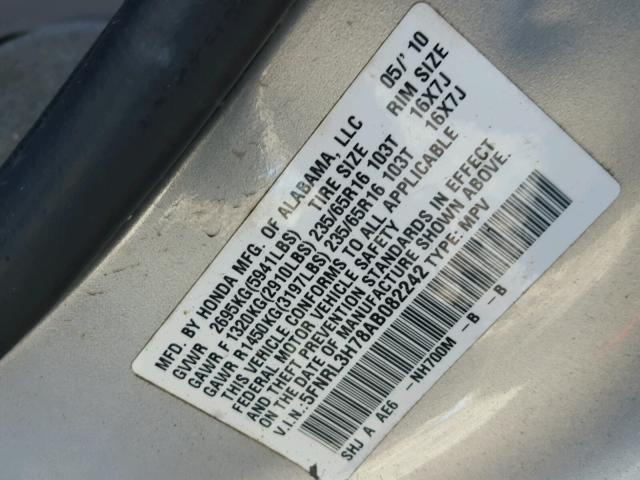 5FNRL3H78AB082242 - 2010 HONDA ODYSSEY EX SILVER photo 10