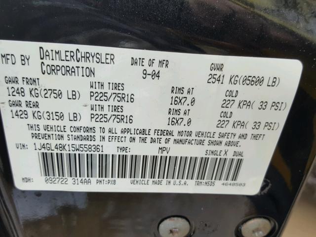 1J4GL48K15W558361 - 2005 JEEP LIBERTY SP BLACK photo 10