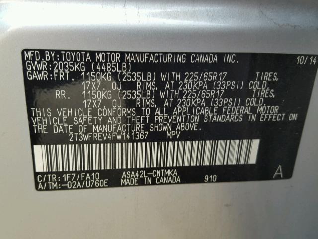 2T3WFREV4FW141367 - 2015 TOYOTA RAV4 XLE SILVER photo 10