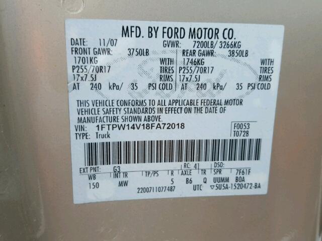 1FTPW14V18FA72018 - 2008 FORD F150 SUPER GOLD photo 10