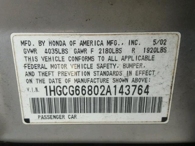 1HGCG66802A143764 - 2002 HONDA ACCORD EX GRAY photo 10