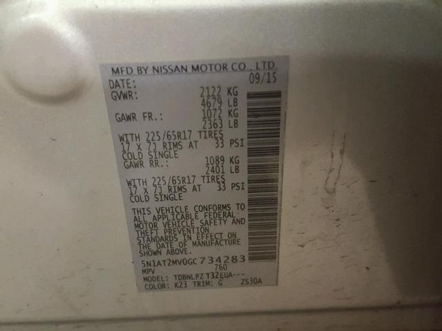 5N1AT2MV0GC734283 - 2016 NISSAN ROGUE S SILVER photo 10