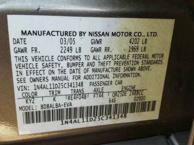 1N4AL11D25C341348 - 2005 NISSAN ALTIMA S GOLD photo 10