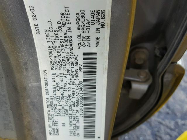 JTJGF10U320134880 - 2002 LEXUS RX 300 GRAY photo 10