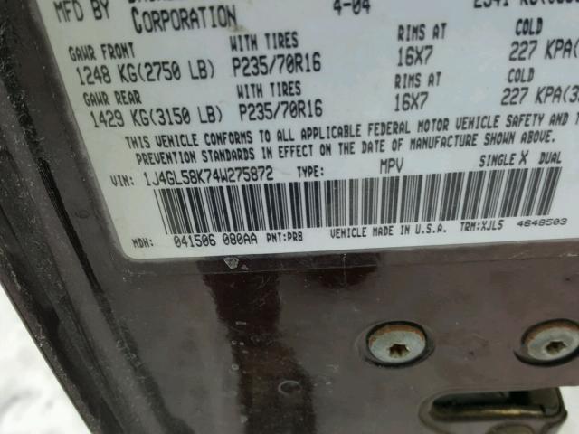 1J4GL58K74W275872 - 2004 JEEP LIBERTY LI PURPLE photo 10