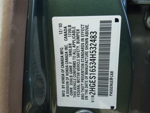 2HGES16534H532483 - 2004 HONDA CIVIC LX GREEN photo 10