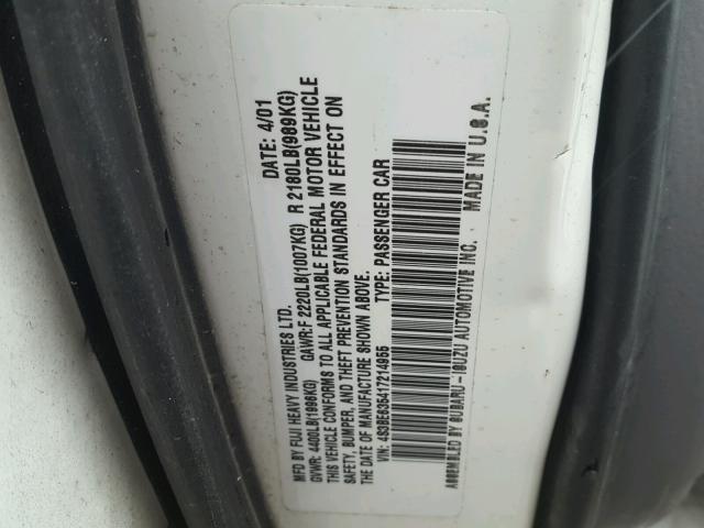 4S3BE635417214955 - 2001 SUBARU LEGACY L WHITE photo 10