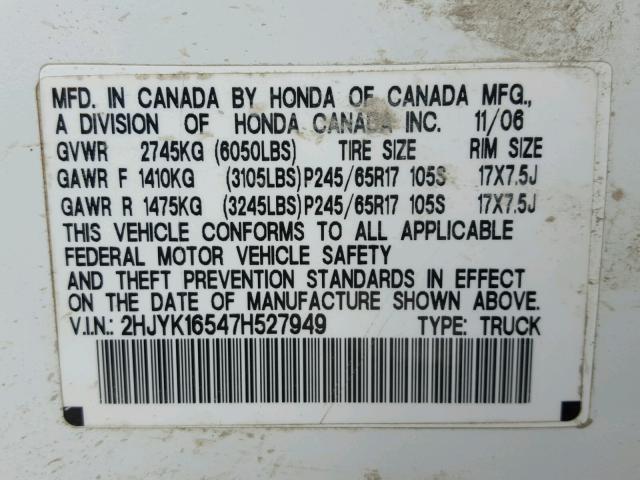 2HJYK16547H527949 - 2007 HONDA RIDGELINE WHITE photo 10