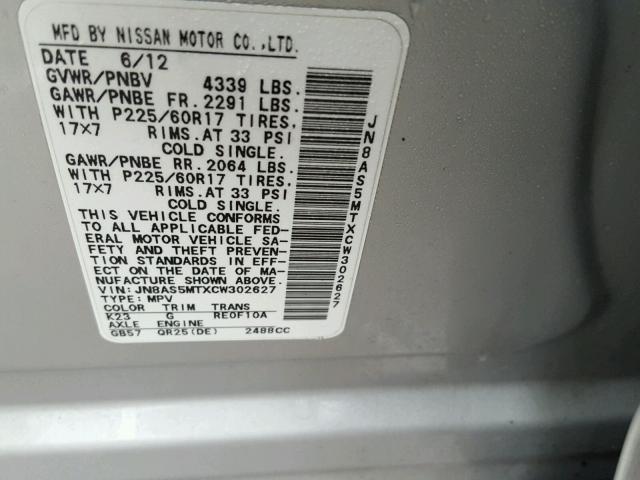 JN8AS5MTXCW302627 - 2012 NISSAN ROGUE S SILVER photo 10