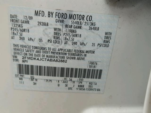 2FMDK4JC7ABA82882 - 2010 FORD EDGE SEL WHITE photo 10