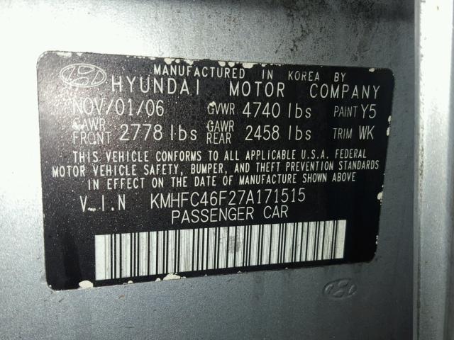 KMHFC46F27A171515 - 2007 HYUNDAI AZERA SE SILVER photo 10