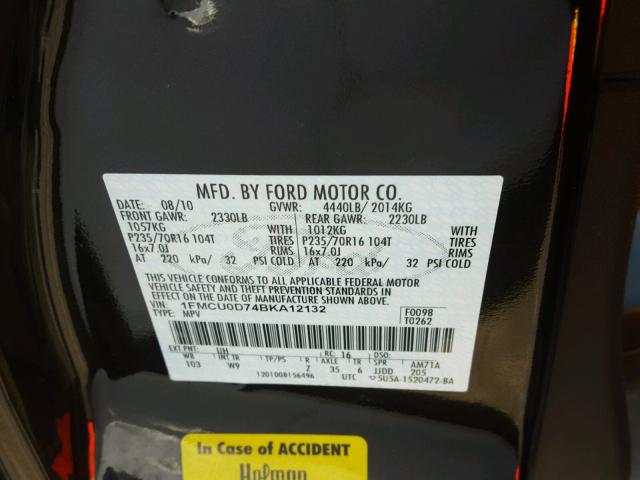 1FMCU0D74BKA12132 - 2011 FORD ESCAPE XLT BLACK photo 10