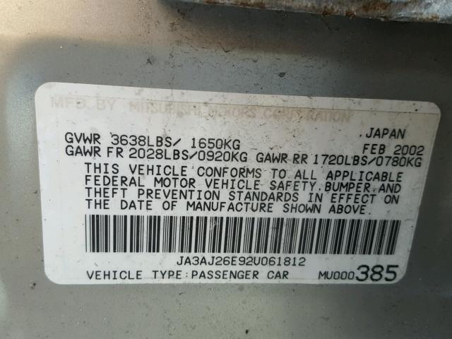 JA3AJ26E92U061812 - 2002 MITSUBISHI LANCER ES SILVER photo 10