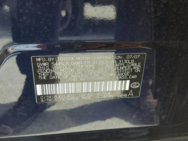 JTHBL46F075048077 - 2007 LEXUS LS 460 BLUE photo 10