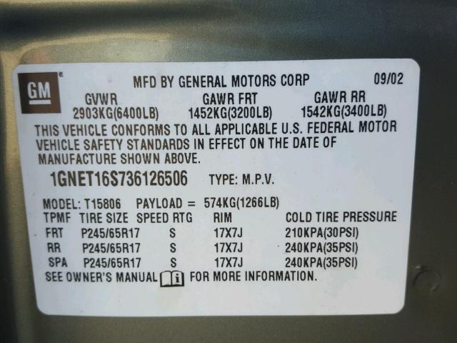 1GNET16S736126506 - 2003 CHEVROLET TRAILBLAZE GREEN photo 10