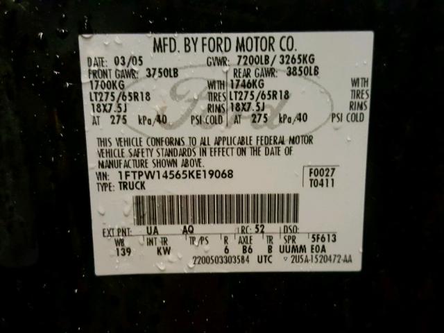 1FTPW14565KE19068 - 2005 FORD F150 SUPER BLACK photo 10