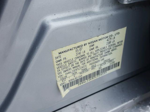 1N4AL21E97C224335 - 2007 NISSAN ALTIMA 2.5 SILVER photo 10