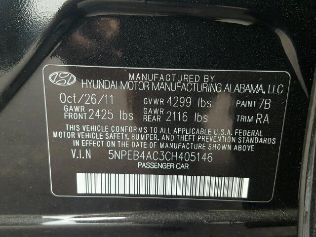 5NPEB4AC3CH405146 - 2012 HYUNDAI SONATA GLS BLACK photo 10