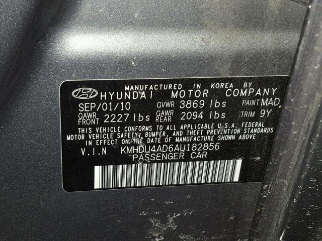 KMHDU4AD6AU182856 - 2010 HYUNDAI ELANTRA BL GRAY photo 10