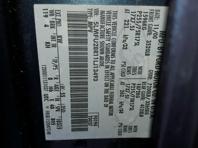 5LMFU28R11LJ13493 - 2001 LINCOLN NAVIGATOR BLUE photo 10