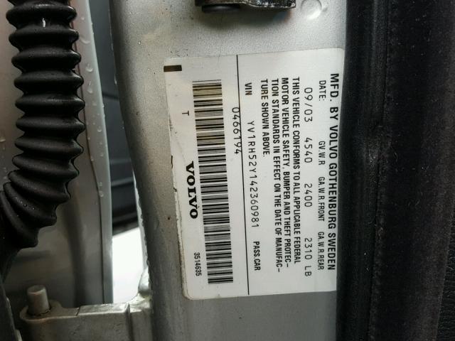 YV1RH52Y142360981 - 2004 VOLVO S60 R ვერცხლისფერი ფოტო 10