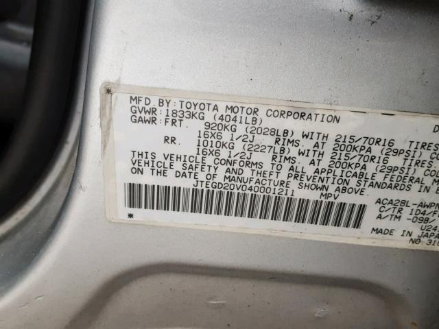 JTEGD20V040001211 - 2004 TOYOTA RAV4 SILVER photo 10