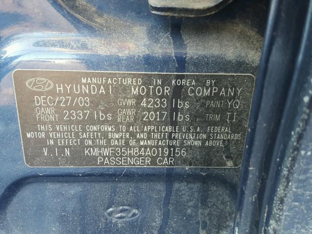 KMHWF35H84A019156 - 2004 HYUNDAI SONATA GLS BLUE photo 10