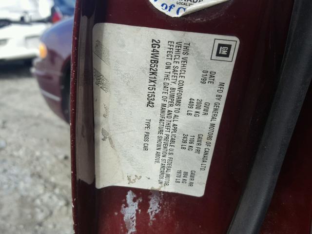 2G4WB52K1X1515342 - 1999 BUICK REGAL LS BURGUNDY photo 10