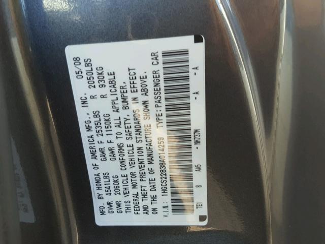 1HGCS22838A014259 - 2008 HONDA ACCORD EXL GRAY photo 10