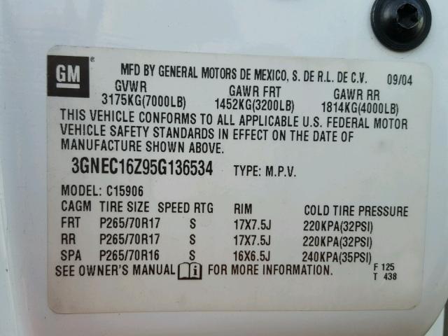 3GNEC16Z95G136534 - 2005 CHEVROLET SUBURBAN C WHITE photo 10