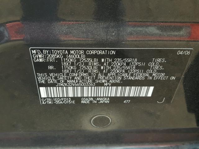 JTMZK32V665003363 - 2006 TOYOTA RAV4 SPORT CHARCOAL photo 10