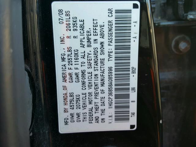 1HGCP36858A085996 - 2008 HONDA ACCORD EXL BLACK photo 10