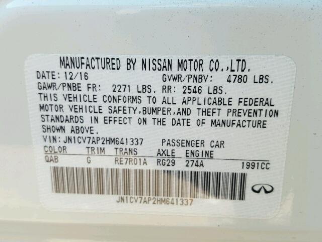 JN1CV7AP2HM641337 - 2017 INFINITI Q50 BASE WHITE photo 10