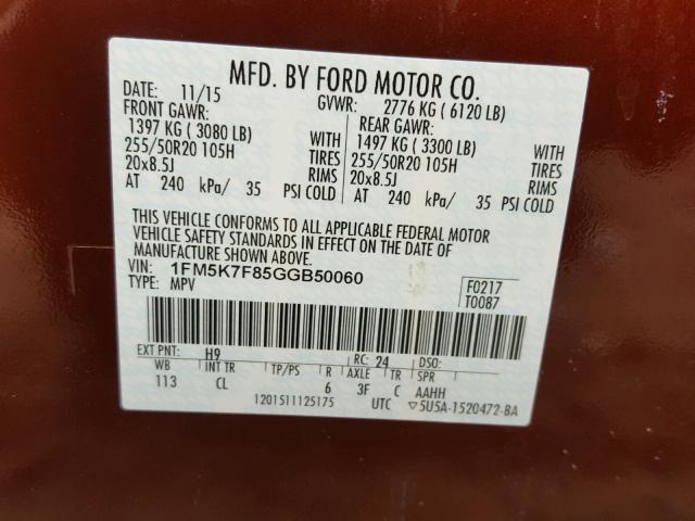 1FM5K7F85GGB50060 - 2016 FORD EXPLORER L BURGUNDY photo 10