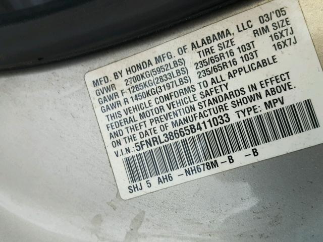 5FNRL38665B411033 - 2005 HONDA ODYSSEY EX SILVER photo 10