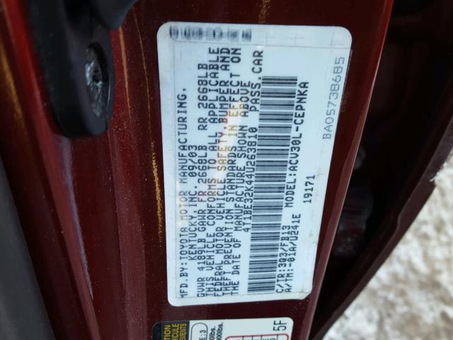 4T1BE32K44U263810 - 2004 TOYOTA CAMRY LE MAROON photo 10