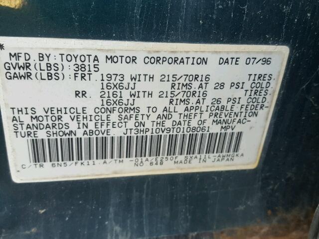 JT3HP10V9T0108061 - 1996 TOYOTA RAV4 GREEN photo 10