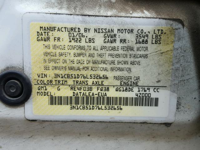 3N1CB51D76L532656 - 2006 NISSAN SENTRA 1.8 WHITE photo 10