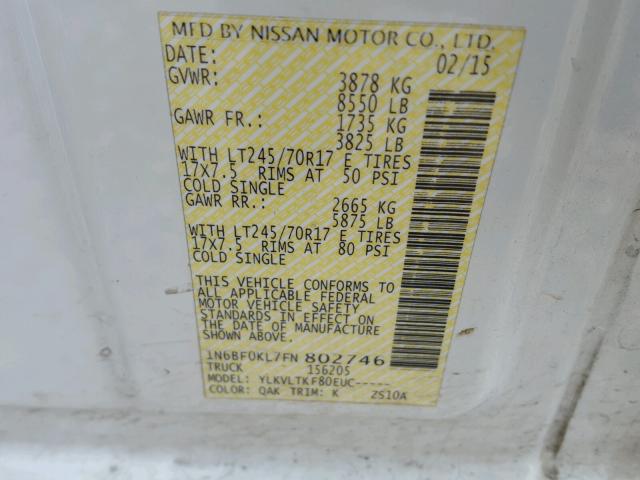 1N6BF0KL7FN802746 - 2015 NISSAN NV 1500 WHITE photo 10