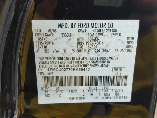 1FMCU02779KA59443 - 2009 FORD ESCAPE XLS BLACK photo 10