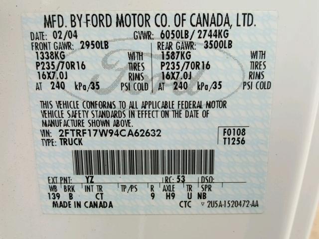 2FTRF17W94CA62632 - 2004 FORD F-150 HERI WHITE photo 10