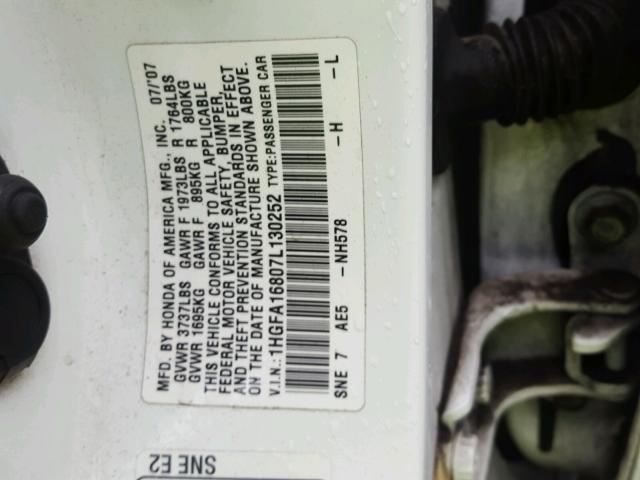 1HGFA16807L130252 - 2007 HONDA CIVIC EX WHITE photo 10